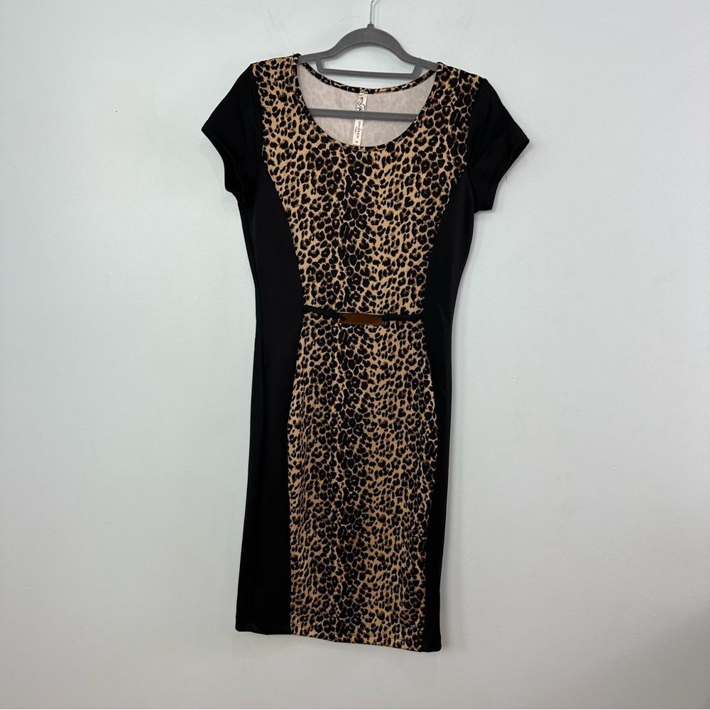 Andrea Missy Size Medium Black & Cheetah Print Bodycon Midi Pencil Sheath Dress